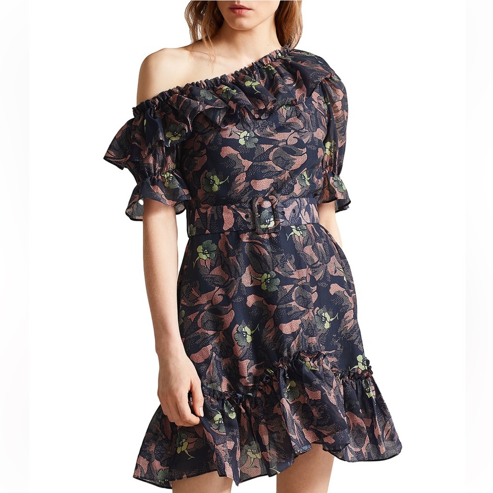 NWT Ted Baker Hazpin Asymmetric Floral Ruffle Mini Dress, Size 2 (US 6)